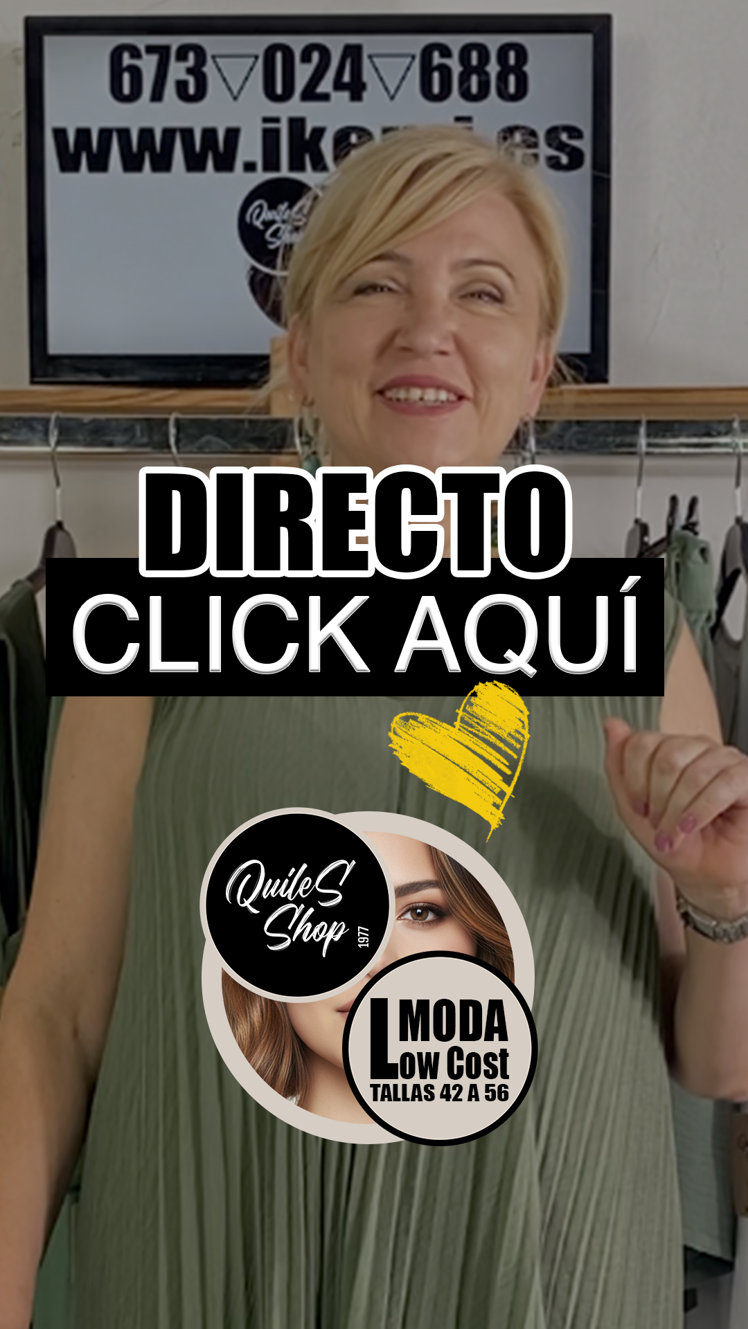 Último directo de Miércoles De Chicas. ¡Dale al Play y no te quedes sin tu 'lookazo'! Nuestro directo ya está disponible para que fiches todas las Novedades Low Cost que acaban de llegar. Tendencias súper favorecedoras desde la talla 42 a la 56 para que presumas de estilazo. ¡Corre a por tu favorito antes de que vuele! Haz tu pedido ya por la Web, WhatsApp o visítanos en tienda y estrena Moda real al Mejor Precio con Quiles_Shop.