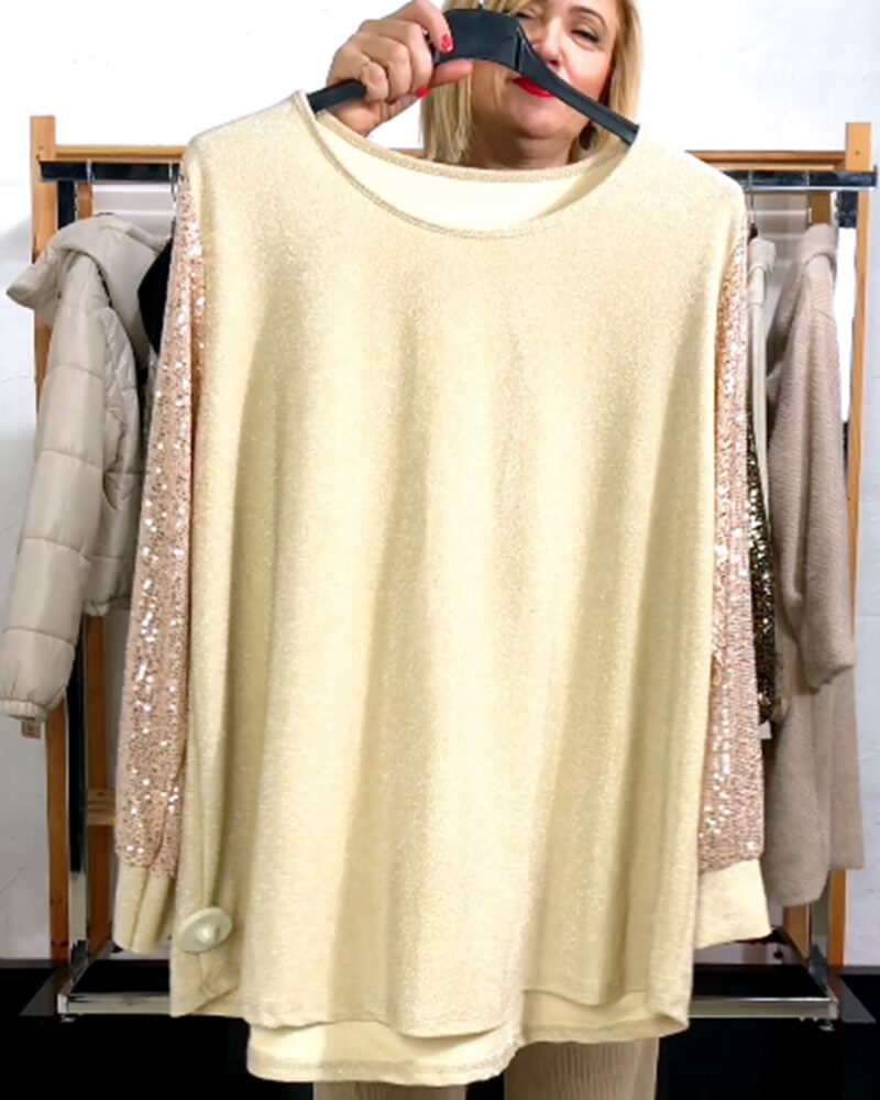 CAMISETA CON MANGAS DE LENTEJUELAS BEIGE