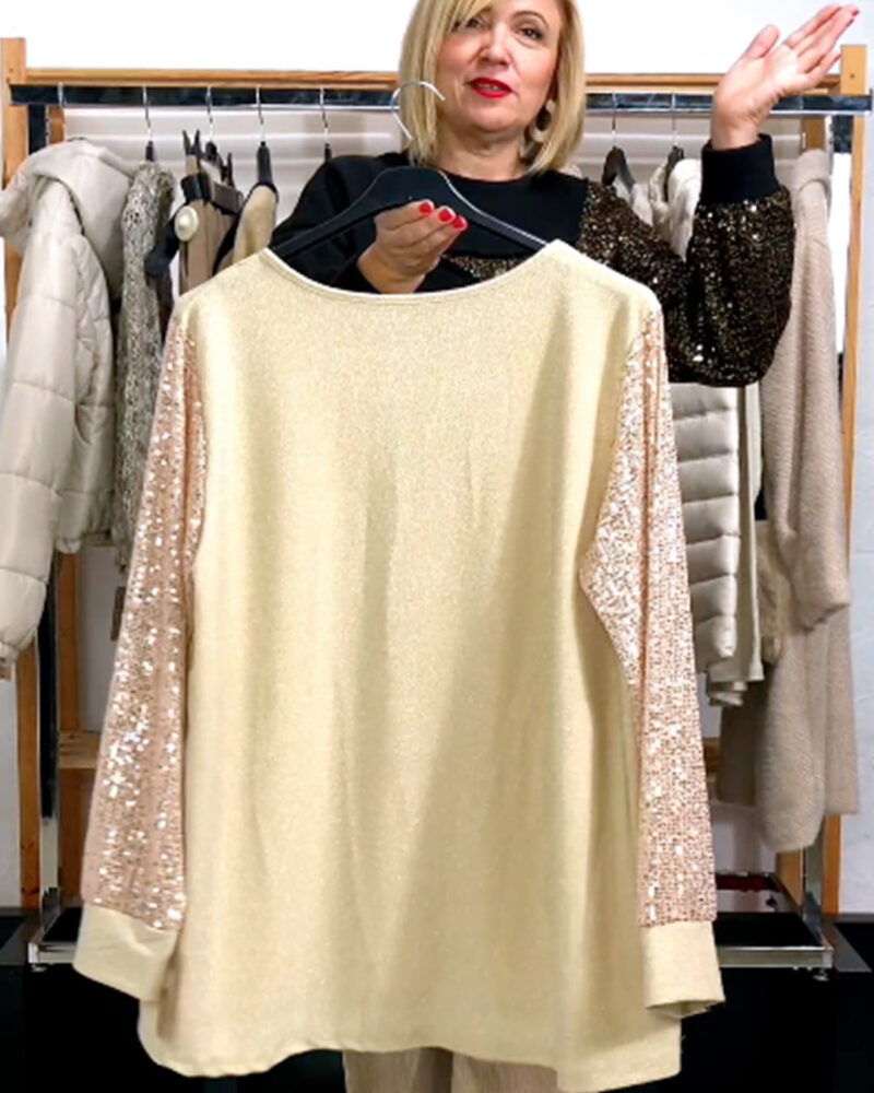 CAMISETA CON MANGAS DE LENTEJUELAS BEIGE - Imagen 3