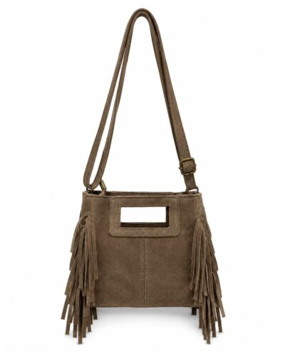 delantero bolso mini serraje natural de piel con cremallera y flecos laterales