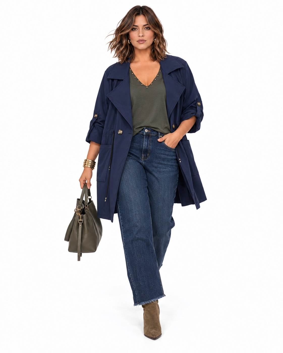 Jeans wide leg azul oscuro con bolsillos y bajo desflecado