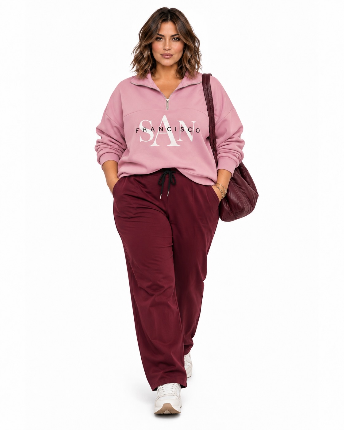 Look completo Sudadera San Francisco rosa de mujer con cuello de cremallera, estampado frontal y bolsillos