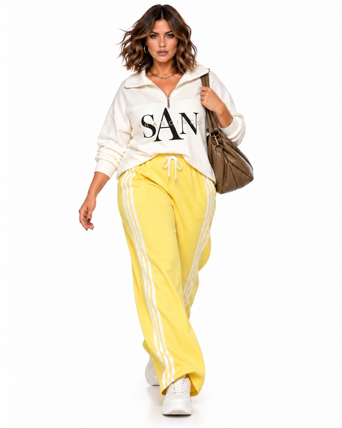 Look completo Jogger Track amarillo curvy de pierna ancha con bandas laterales en contraste, cintura elástica, cordón y bolsillos.