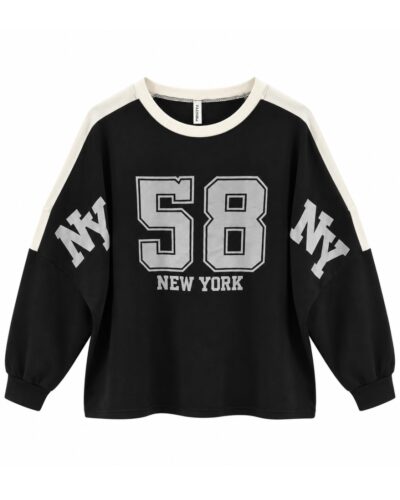Sudadera Super Bowl negra de mujer curvy con estampado 58 New York, detalles blancos y corte oversize