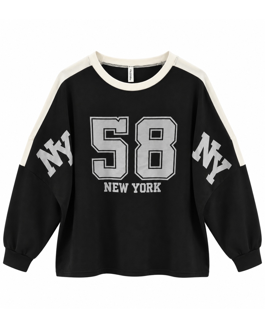 Sudadera Super Bowl negra de mujer curvy con estampado 58 New York, detalles blancos y corte oversize