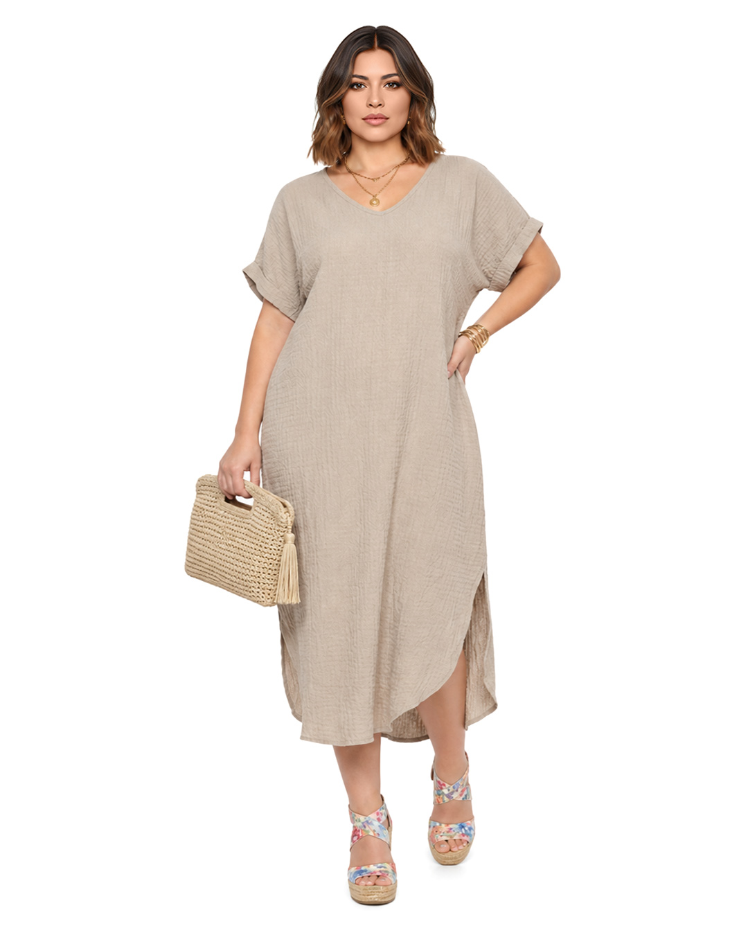 Vestido Bies: vestido evasé tallas grandes joven en color beige de Quiles_Shop.