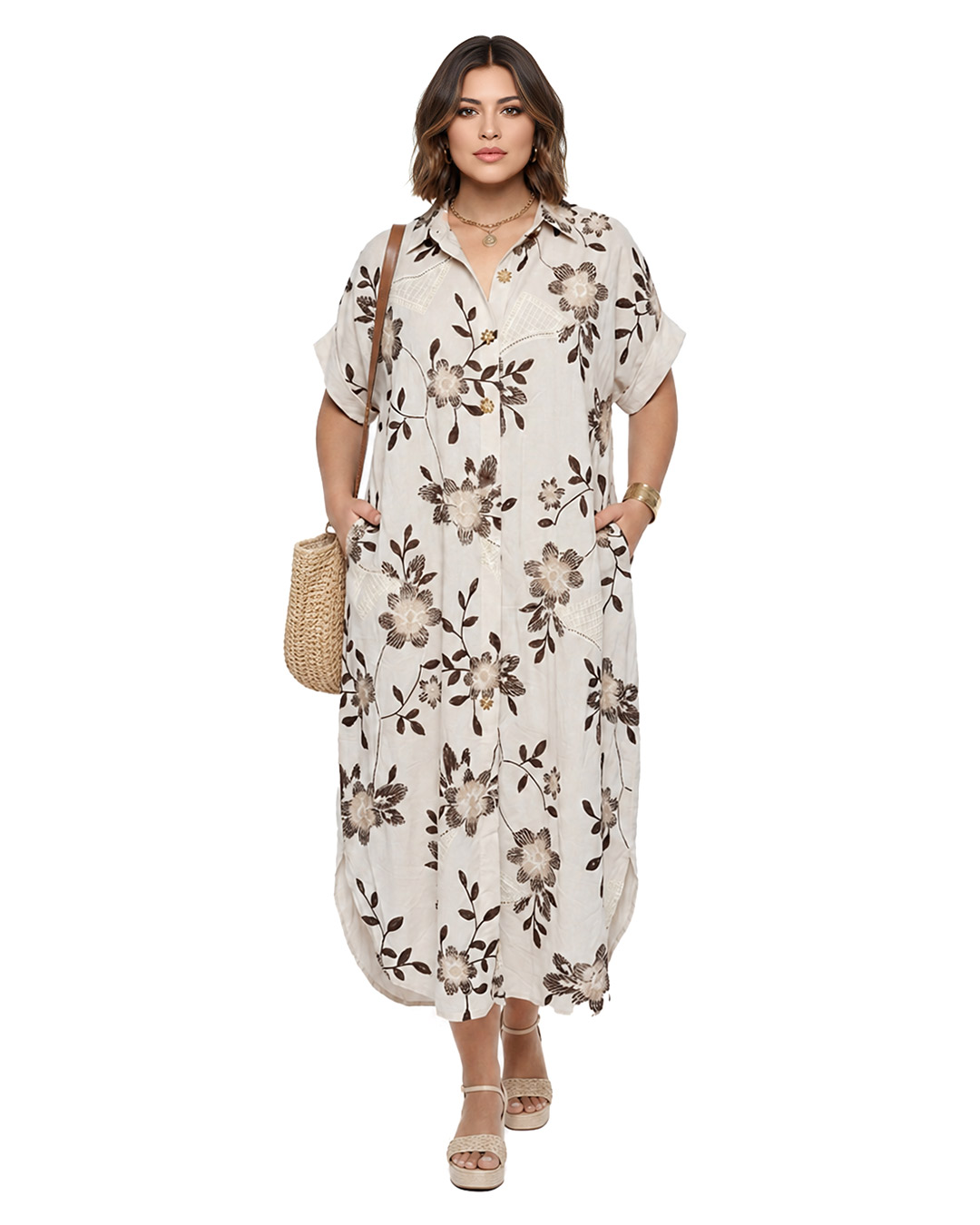 Vestido Camisero Natura: vestido camisero para mujer real de estilo casual en tono crema con estampado floral bordado en marrón, manga corta, botonadura delantera y bolsillos de Quiles_Shop