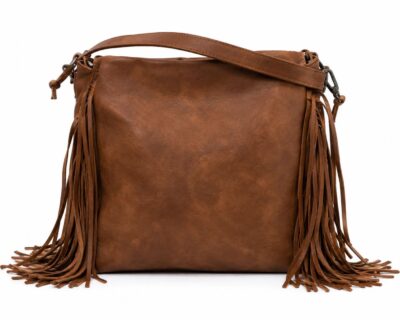 Bolso de flecos caramelo con acabado efecto piel y correa