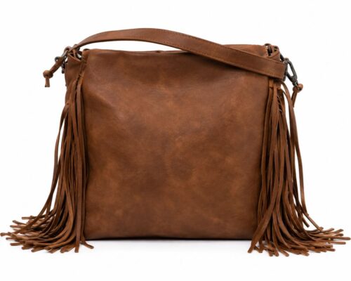 Bolso de flecos caramelo con acabado efecto piel y correa