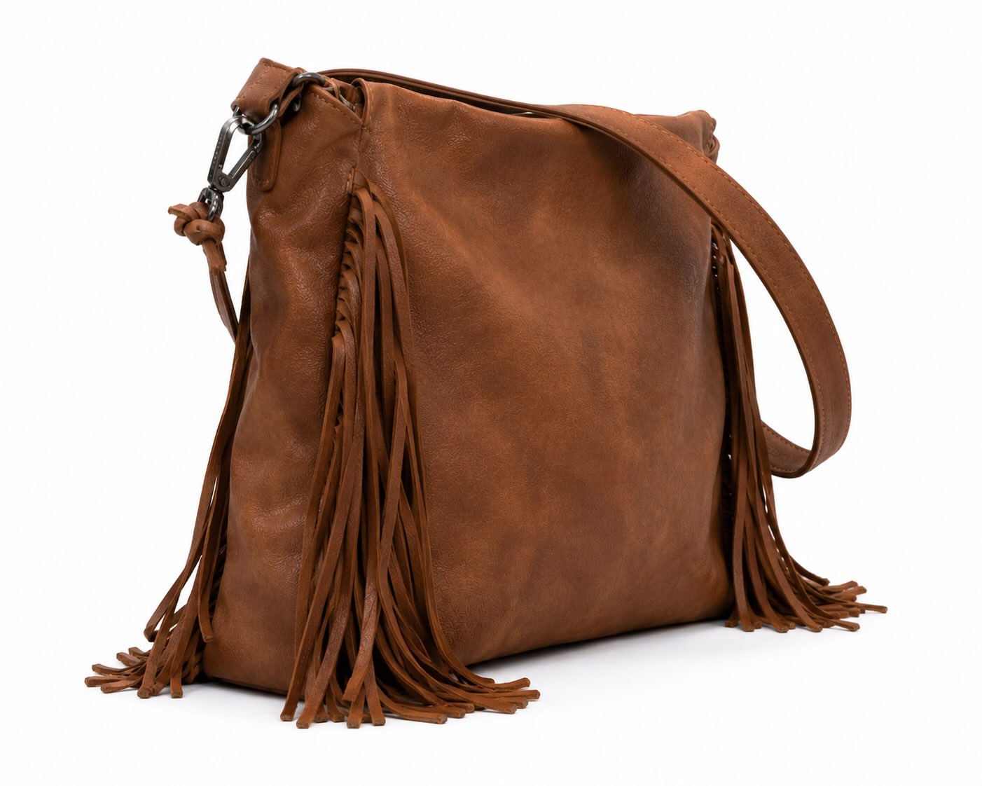 Bolso de flecos caramelo con acabado efecto piel y correa