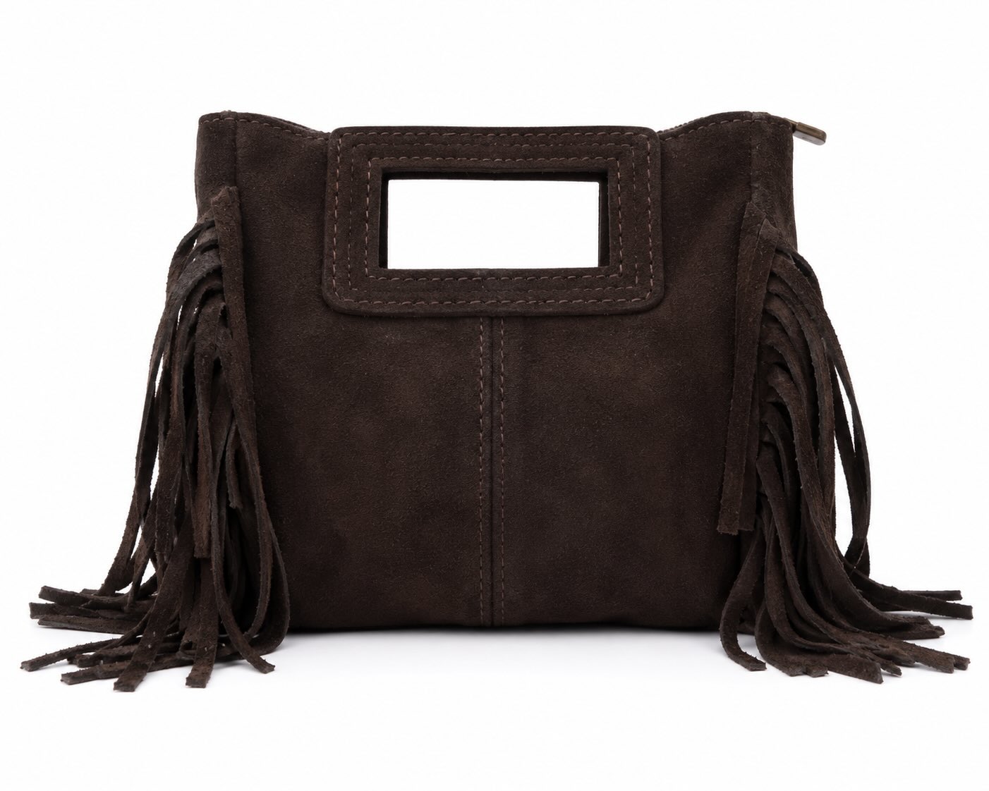Delantero bolso mini serraje marrón de piel con asa y flecos laterales