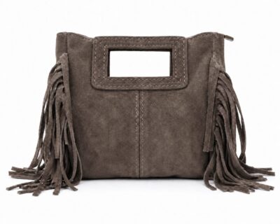 delantero bolso mini serraje natural de piel con cremallera y flecos laterales