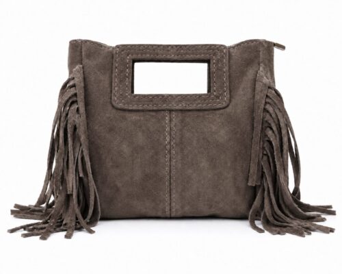 delantero bolso mini serraje natural de piel con cremallera y flecos laterales