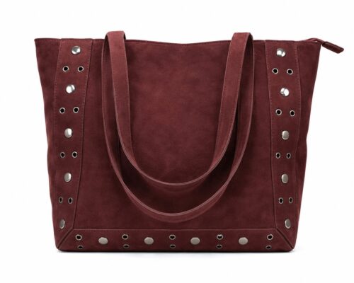 Delantero bolso shopper burdeos con asas largas, tachuelas y ojales metálicos