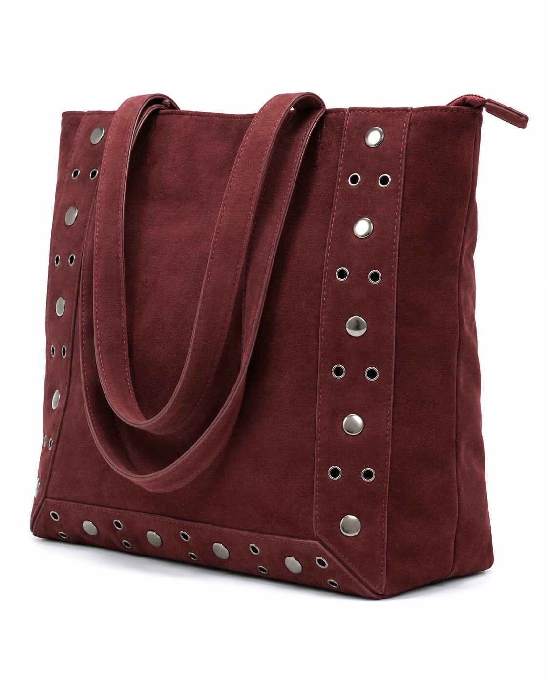 Lateral bolso shopper burdeos con asas largas, tachuelas y ojales metálicos
