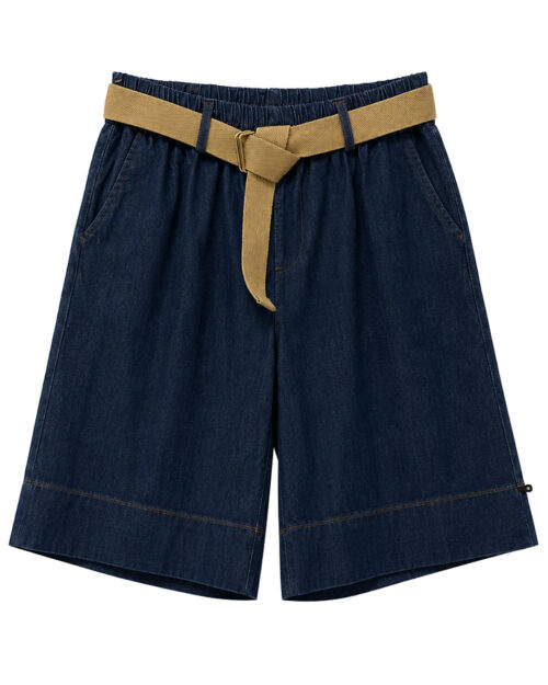 Short Vaquero Street: short vaquero de mujer real barato con cinturón textil de tono beige, cintura elástica y bolsillos laterales de Quiles_Shop.