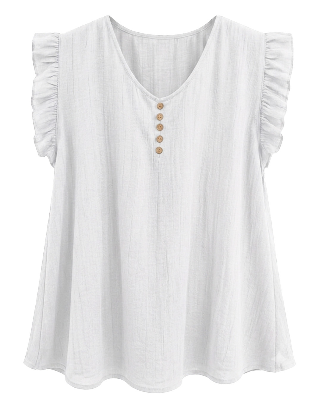 Blusa Atelier: blusa fluida de bambula para mujeres reales con escote en pico, botones decorativos efecto madera y mangas cortas con volantes fruncidos de Quiles_Shop.