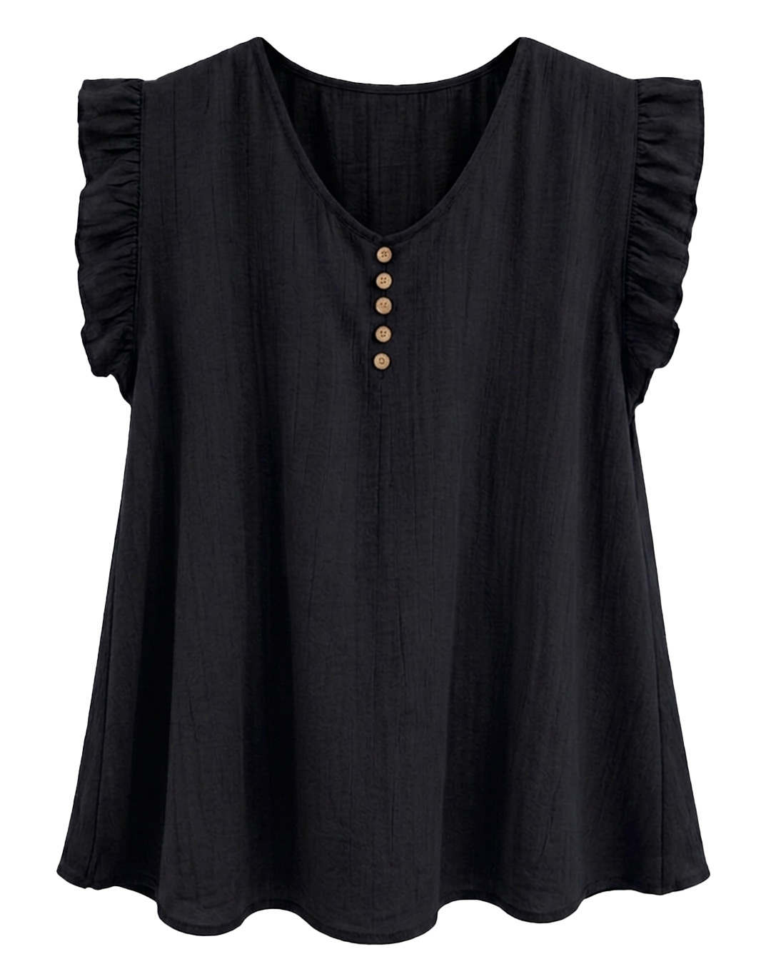 Blusa Atelier: blusa fluida de bambula para mujeres reales con escote en pico, botones decorativos efecto madera y mangas cortas con volantes fruncidos de Quiles_Shop.