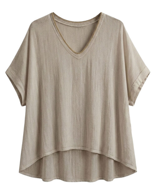 Blusa Bambula: blusa de tejido bambula fresca para mujer real de tallas grandes baratas con cuello en pico rematado en vivo metalizado y manga corta caída de Quiles_Shop.