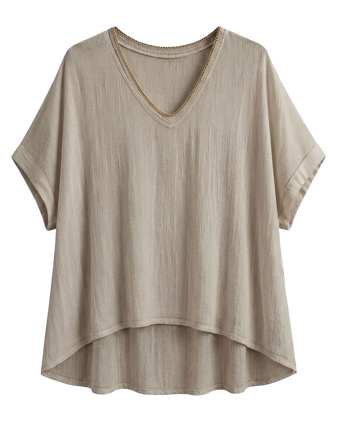 Blusa Bambula: blusa de tejido bambula fresca para mujer real de tallas grandes baratas con cuello en pico rematado en vivo metalizado y manga corta caída de Quiles_Shop.