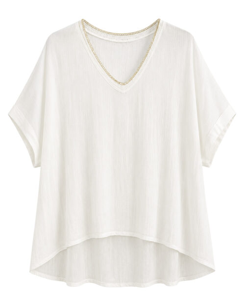 Blusa Bambula: blusa de tejido bambula fresca para mujer real de tallas grandes baratas con cuello en pico rematado en vivo metalizado y manga corta caída de Quiles_Shop.
