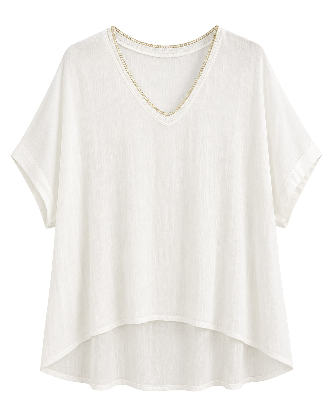 Blusa Bambula: blusa de tejido bambula fresca para mujer real de tallas grandes baratas con cuello en pico rematado en vivo metalizado y manga corta caída de Quiles_Shop.
