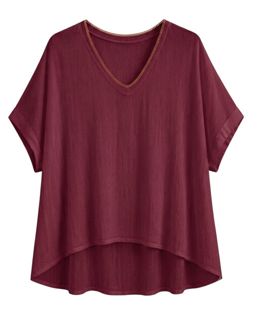 Blusa Bambula: blusa de tejido bambula fresca para mujer real de tallas grandes baratas con cuello en pico rematado en vivo metalizado y manga corta caída de Quiles_Shop.