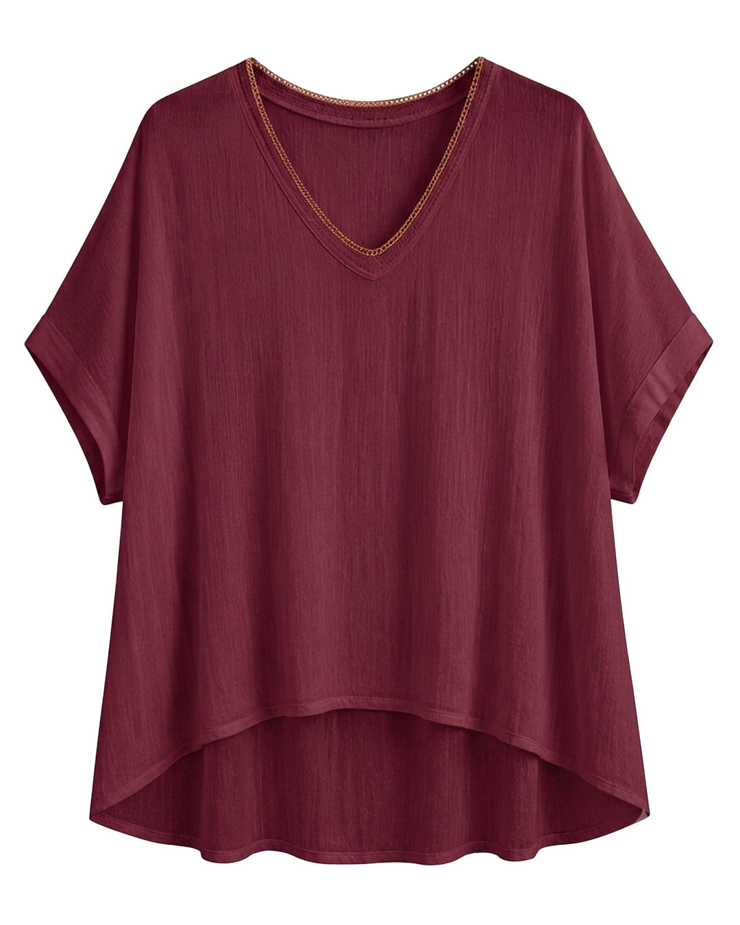 Blusa Bambula: blusa de tejido bambula fresca para mujer real de tallas grandes baratas con cuello en pico rematado en vivo metalizado y manga corta caída de Quiles_Shop.