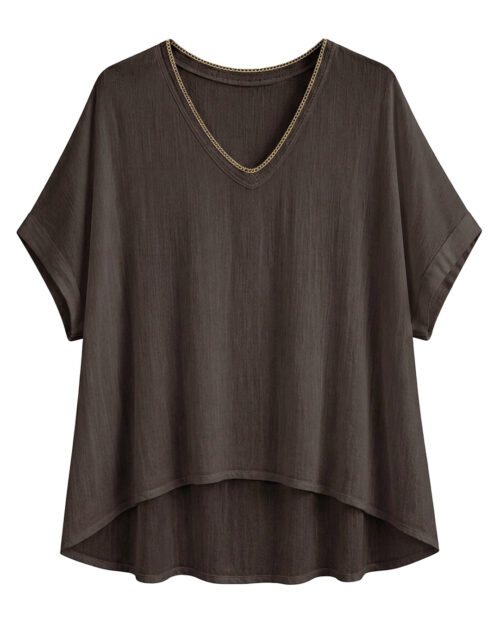 Blusa Bambula: blusa de tejido bambula fresca para mujer real de tallas grandes baratas con cuello en pico rematado en vivo metalizado y manga corta caída de Quiles_Shop.