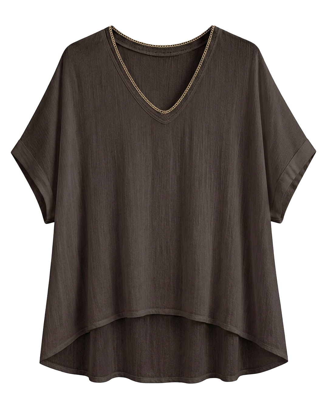 Blusa Bambula: blusa de tejido bambula fresca para mujer real de tallas grandes baratas con cuello en pico rematado en vivo metalizado y manga corta caída de Quiles_Shop.