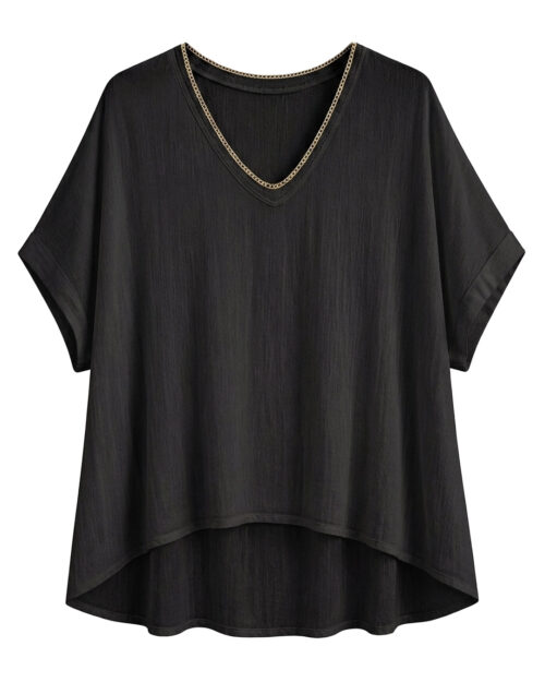 Blusa Bambula: blusa de tejido bambula fresca para mujer real de tallas grandes baratas con cuello en pico rematado en vivo metalizado y manga corta caída de Quiles_Shop.