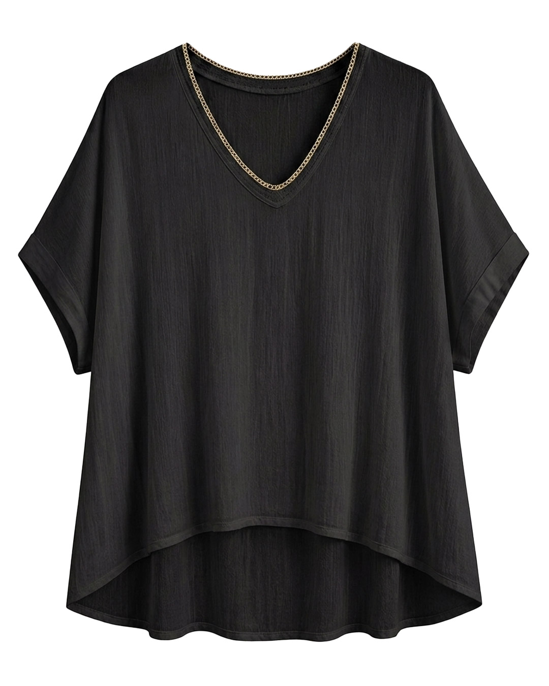Blusa Bambula: blusa de tejido bambula fresca para mujer real de tallas grandes baratas con cuello en pico rematado en vivo metalizado y manga corta caída de Quiles_Shop.