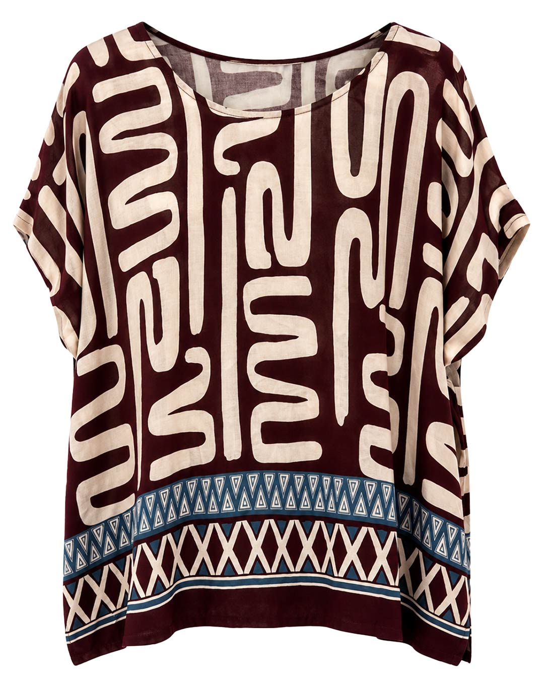 Blusa Étnica: blusa para mujer real low cost en color burdeos con estampado geométrico abstracto, cuello redondo y cenefa étnica en el bajo de Quiles_Shop.