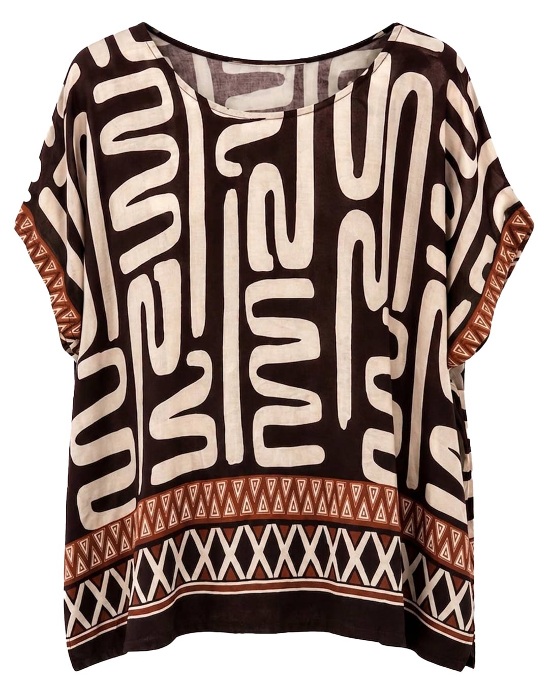 Blusa Étnica: blusa para mujer real low cost en color marron con estampado geométrico abstracto, cuello redondo y cenefa étnica en el bajo de Quiles_Shop.