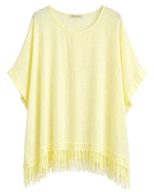 Blusa Flecos: blusa de talla grande barata en color amarillo suave con detalle de flecos en el bajo y manga corta de Quiles_Shop.