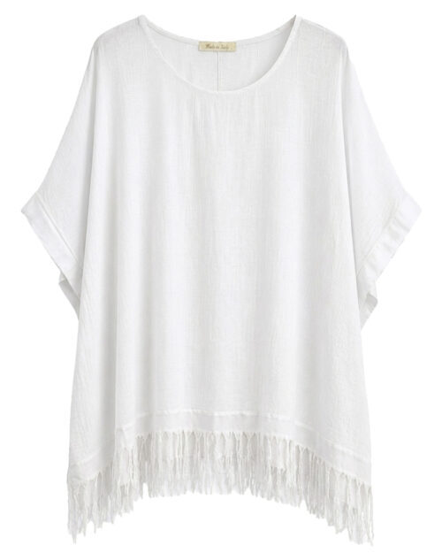 Blusa Flecos: blusa de talla grande barata en color blanco suave con detalle de flecos en el bajo y manga corta de Quiles_Shop.