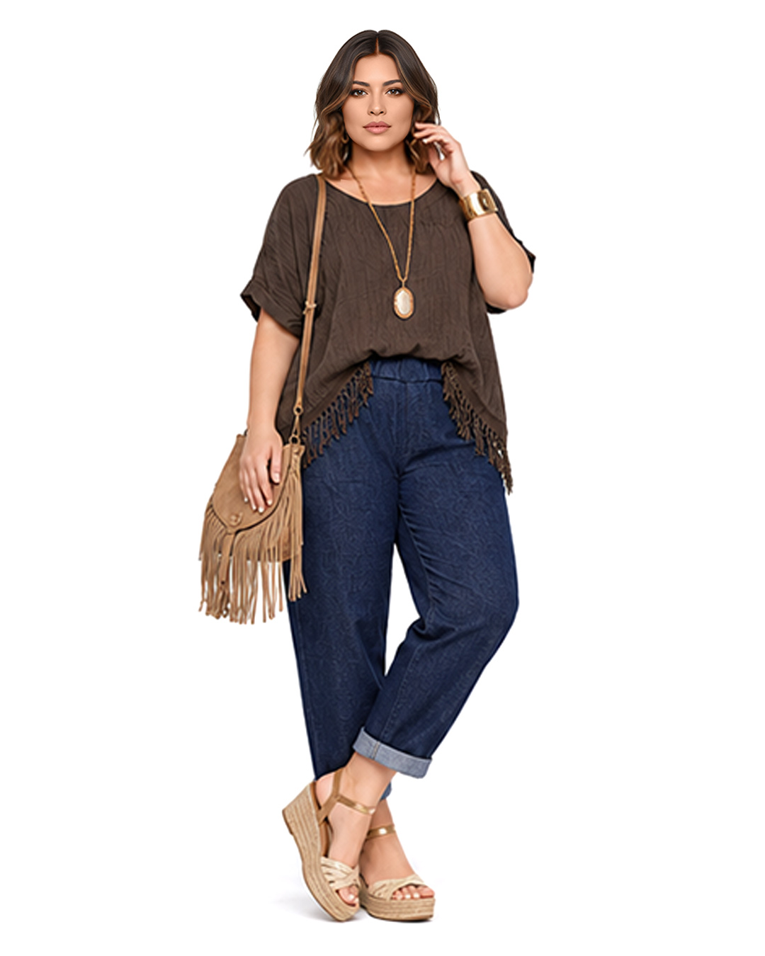 Blusa Flecos: blusa de talla grande barata en color marrón chocolate con detalle de flecos en el bajo y manga corta de Quiles_Shop.