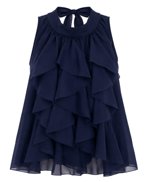 Blusa Halter Volantes: blusa de fiesta para mujer real low cost con cuello halter alto, cascada de volantes fluidos en la parte delantera y tejido tencel natural efecto seda de Quiles_Shop.