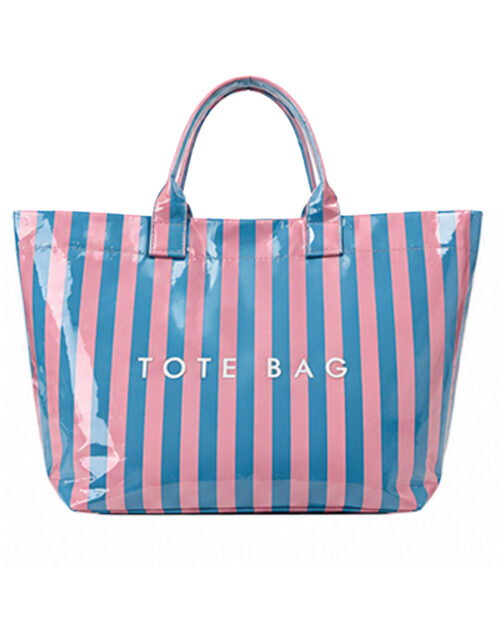 Bolso Miami Pop: bolso shopper impermeable de rayas verticales con asas cortas de mano, letras frontales Tote Bag y bolsillos internos de Quiles_Shop.