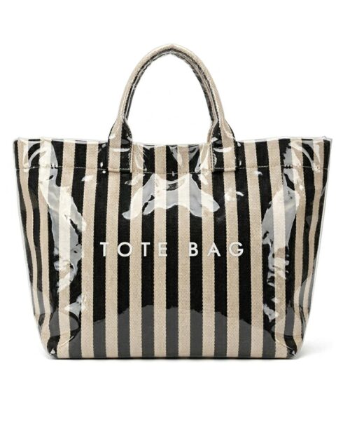 Bolso Miami Pop: bolso shopper impermeable de rayas verticales con asas cortas de mano, letras frontales Tote Bag y bolsillos internos de Quiles_Shop.