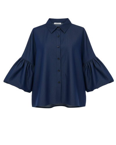 Camisa Flow: camisa fluida con mangas abullonadas en color azul denim oscuro de Quiles_Shop.