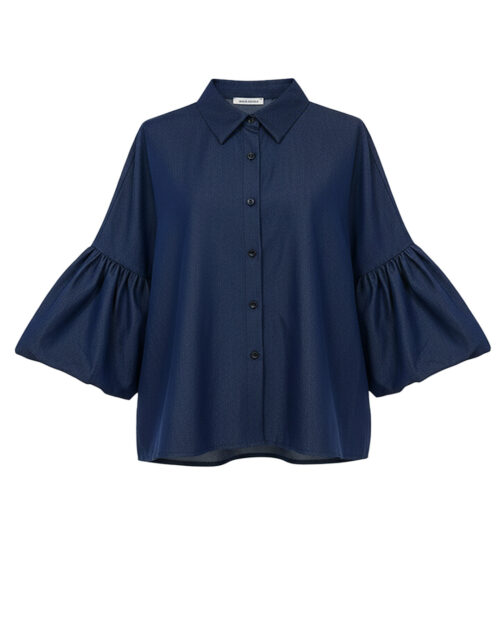 Camisa Flow: camisa fluida con mangas abullonadas en color azul denim oscuro de Quiles_Shop.