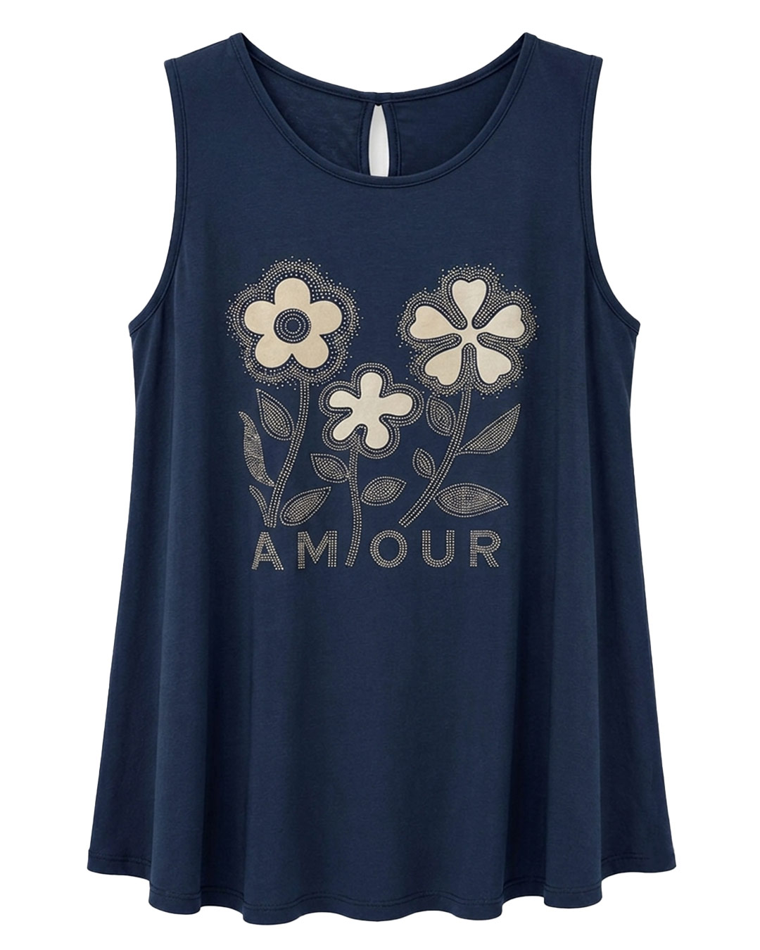 Camiseta Amour: camiseta de tirante ancho para mujeres reales de tallas curvy con estampado floral de strass, letras Amour y abertura trasera en Quiles_Shop.