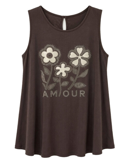 Camiseta Amour: camiseta de tirante ancho para mujeres reales de tallas curvy con estampado floral de strass, letras Amour y abertura trasera en Quiles_Shop.