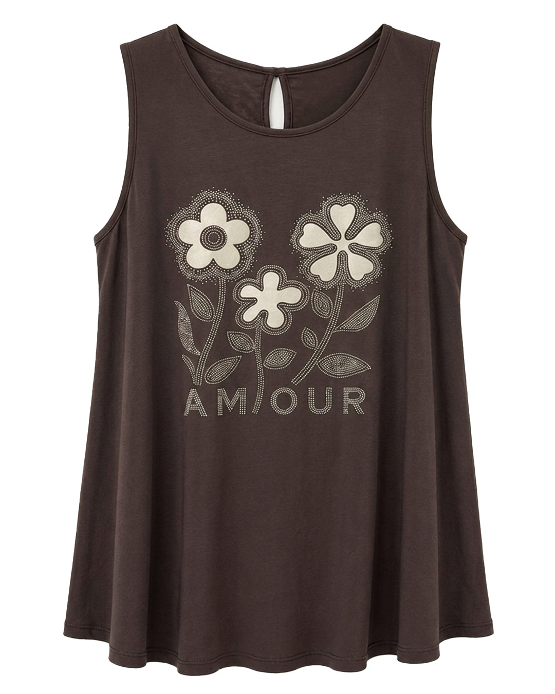 Camiseta Amour: camiseta de tirante ancho para mujeres reales de tallas curvy con estampado floral de strass, letras Amour y abertura trasera en Quiles_Shop.