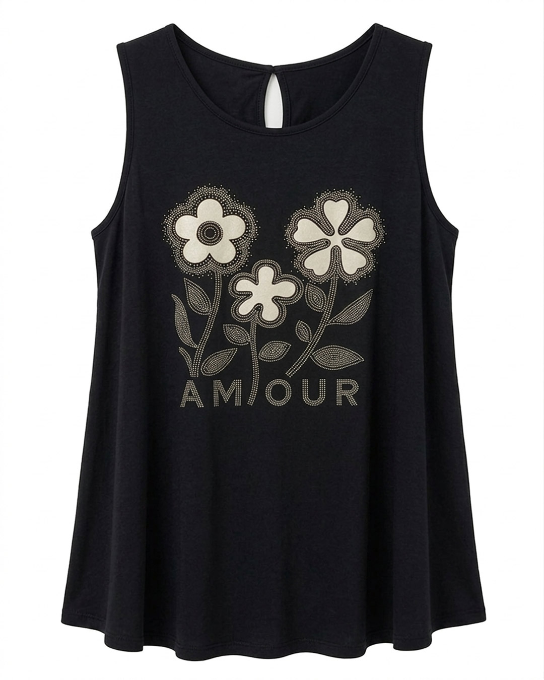 Camiseta Amour: camiseta de tirante ancho para mujeres reales de tallas curvy con estampado floral de strass, letras Amour y abertura trasera en Quiles_Shop.