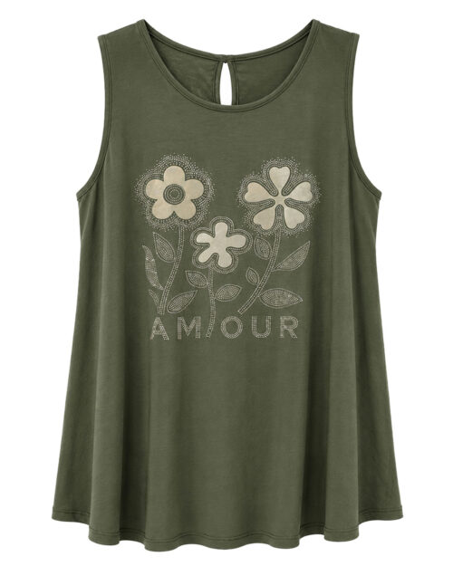 Camiseta Amour: camiseta de tirante ancho para mujeres reales de tallas curvy con estampado floral de strass, letras Amour y abertura trasera en Quiles_Shop.