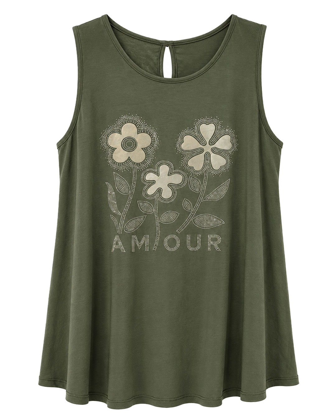 Camiseta Amour: camiseta de tirante ancho para mujeres reales de tallas curvy con estampado floral de strass, letras Amour y abertura trasera en Quiles_Shop.