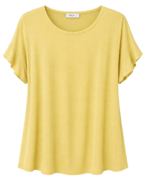 Camiseta Brisa: camiseta de mujer curvy barata en color amarillo suave de manga corta con vuelta y corte fluido de Quiles_Shop.