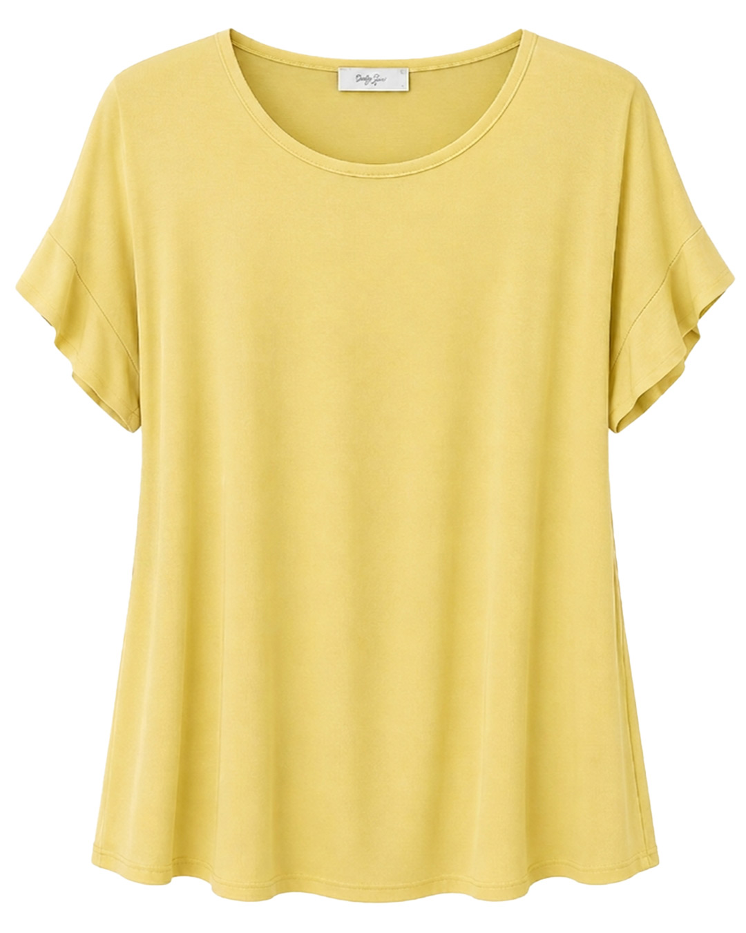 Camiseta Brisa: camiseta de mujer curvy barata en color amarillo suave de manga corta con vuelta y corte fluido de Quiles_Shop.